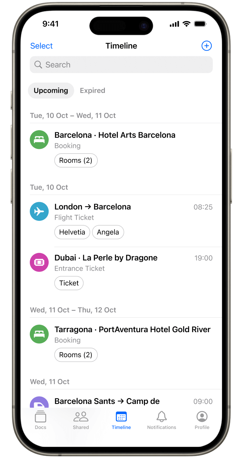 Timeline screen in Folio Wallet flight organizer auto-sorting boarding passes