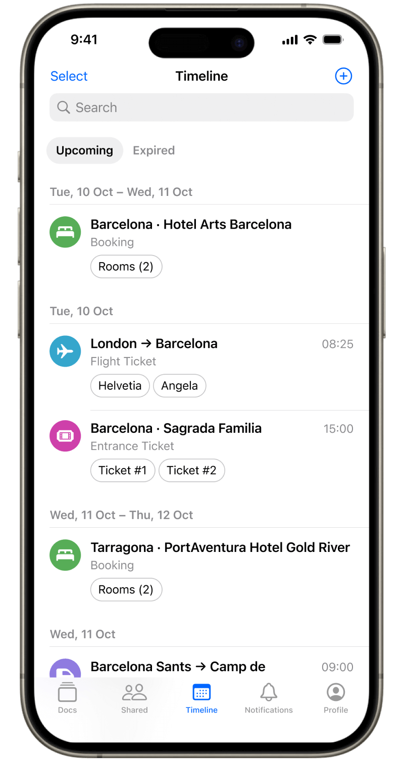 Timeline screen in Folio Wallet hotel organizer auto-sorting hotel bookings