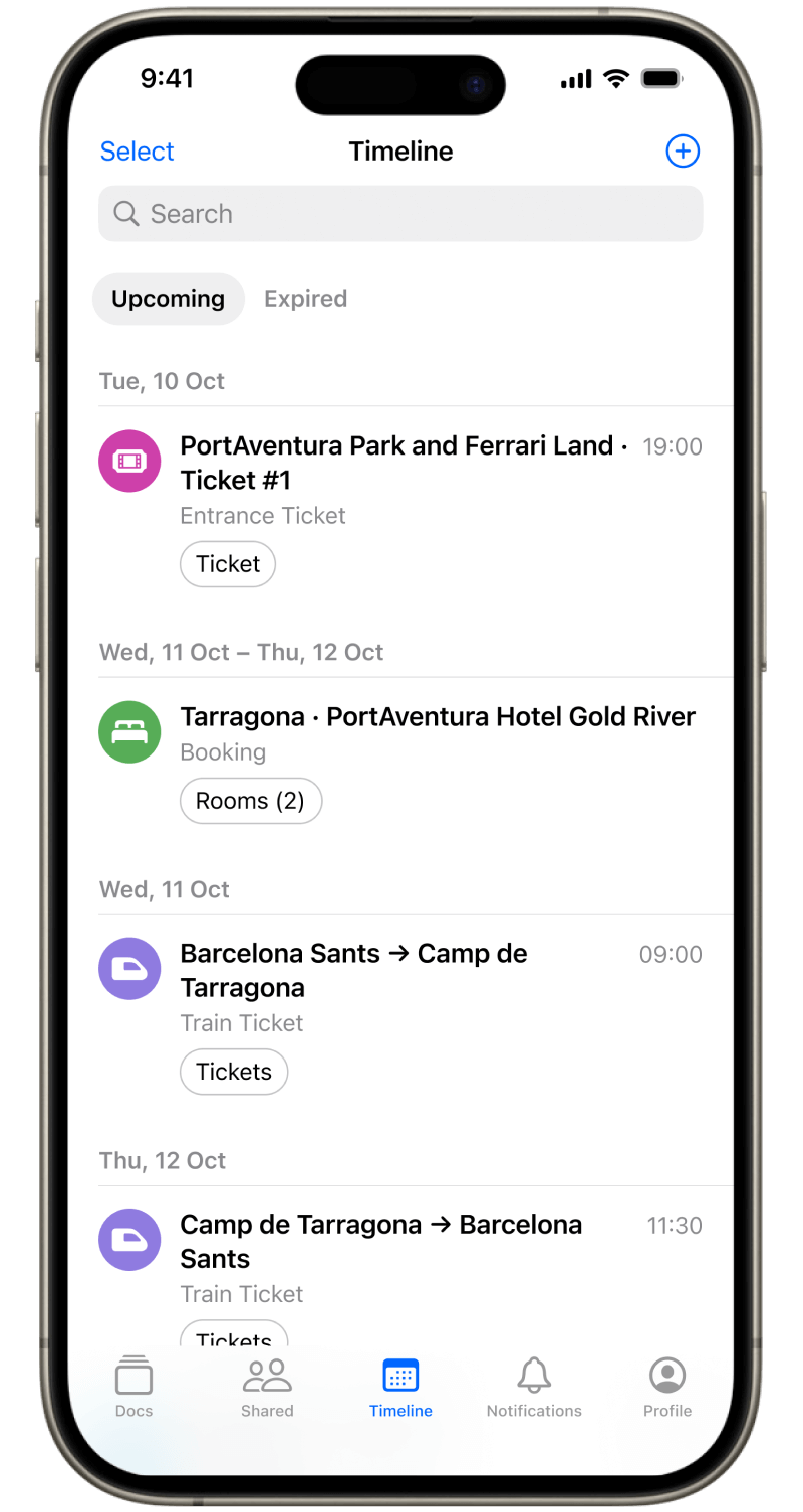 Timeline screen in Folio Wallet event organizer auto-sorting event tickets