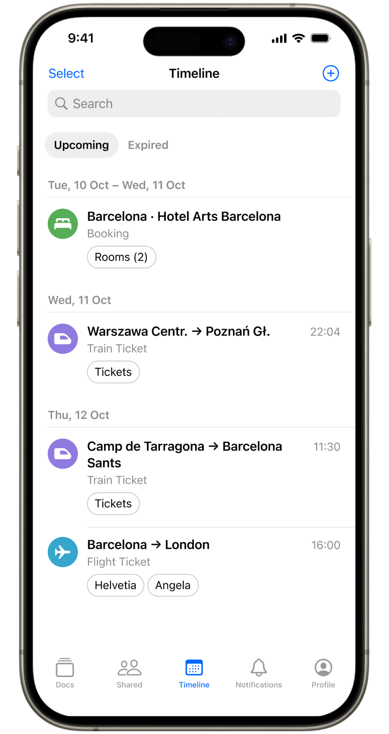 Timeline screen in Folio Wallet train organizer auto-sorting train tickets