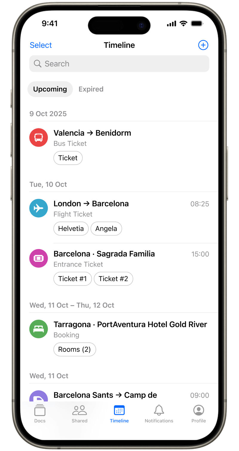 Timeline screen in Folio Wallet bus organizer auto-sorting bus tickets