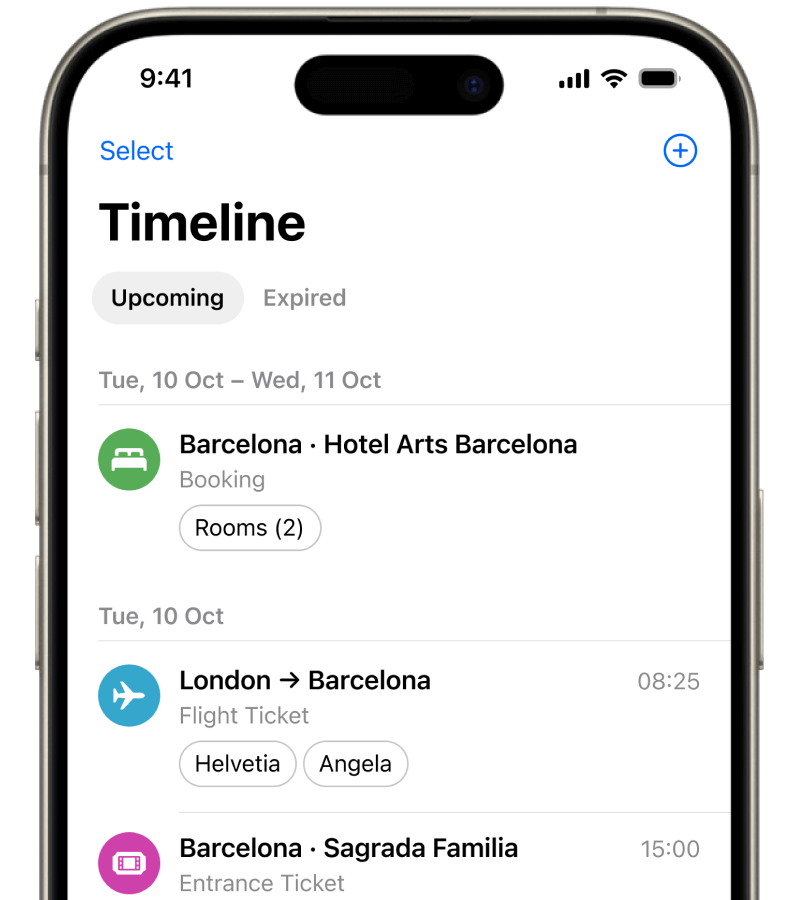 Timeline screen in Folio Wallet travel organizer auto-sorting flight and train tickets into a single itinerary