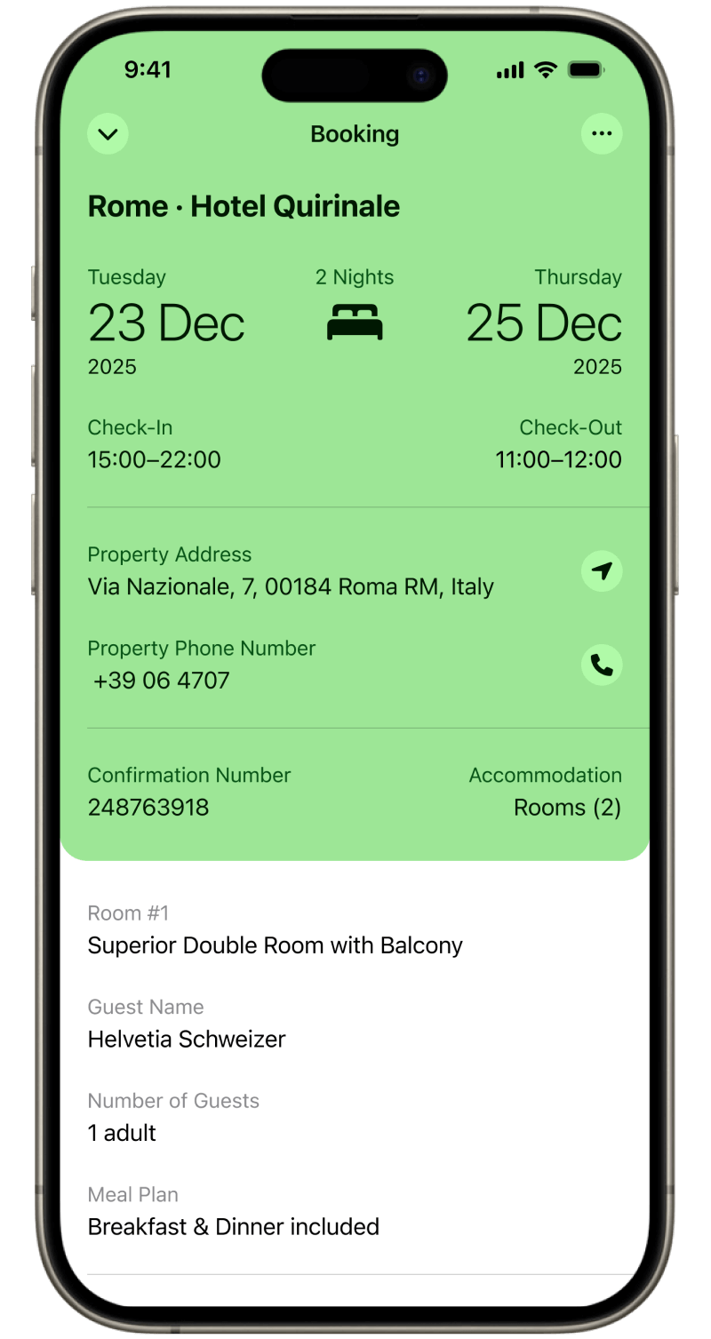 List view inside Folio Wallet displaying hotel bookings