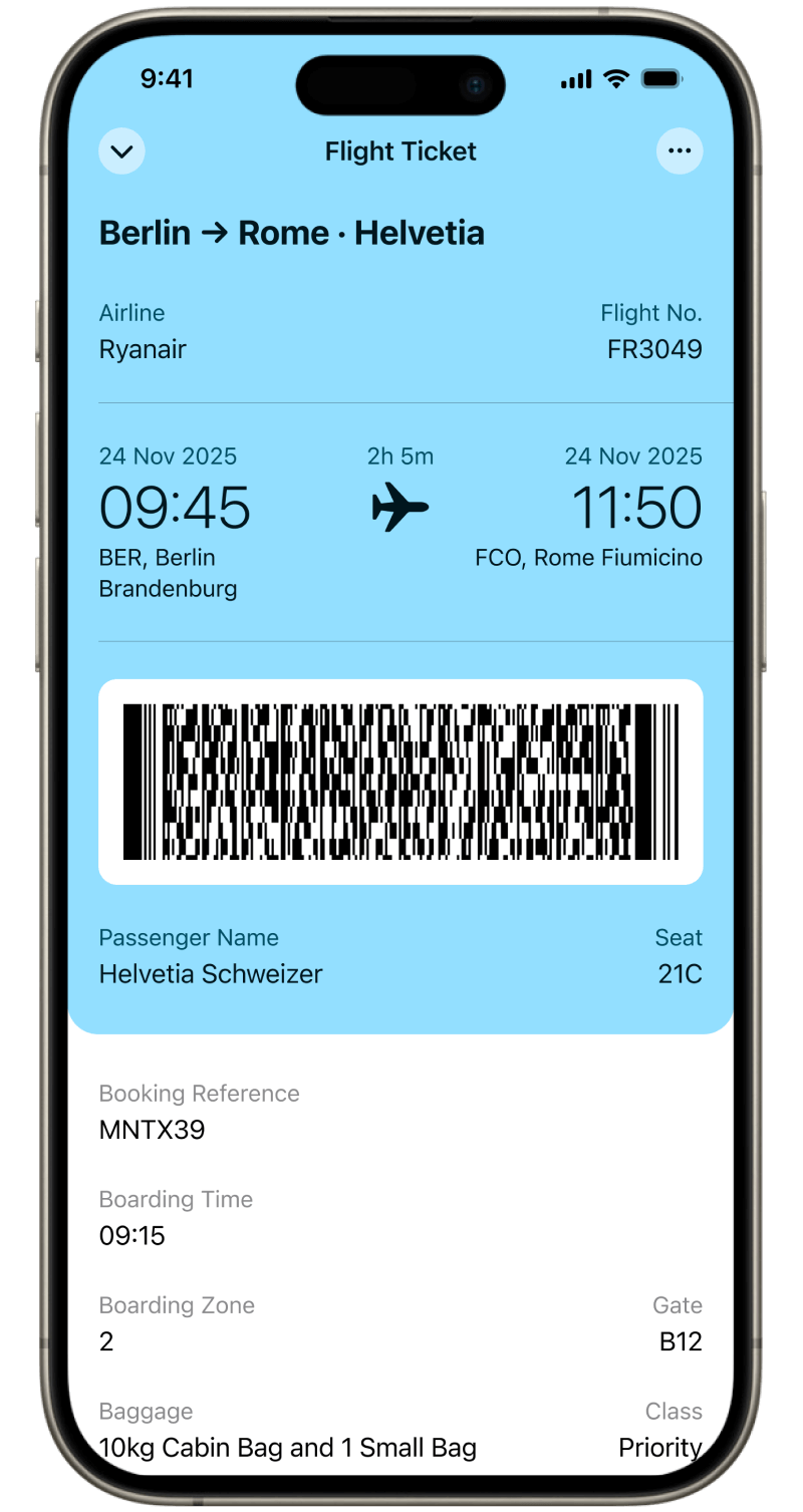 List view inside Folio Wallet displaying flight tickets