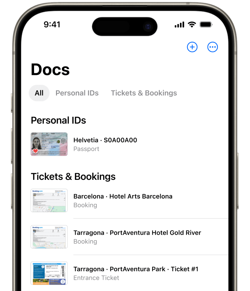 List view inside Folio Wallet displaying flights, train tickets and other documents