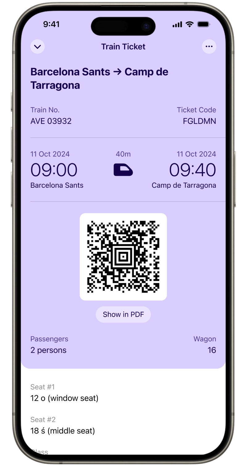 List view inside Folio Wallet displaying train tickets