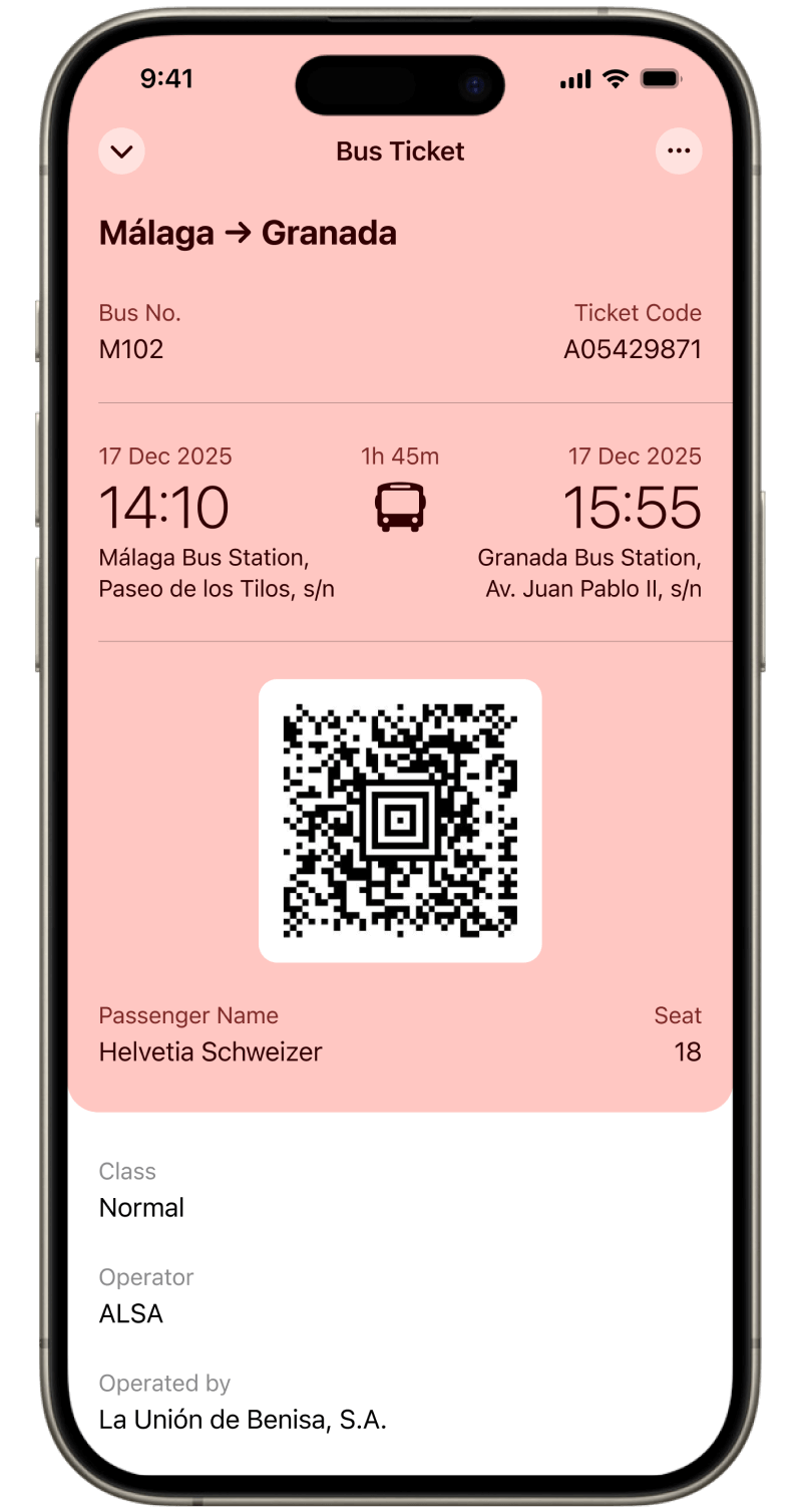 List view inside Folio Wallet displaying bus tickets