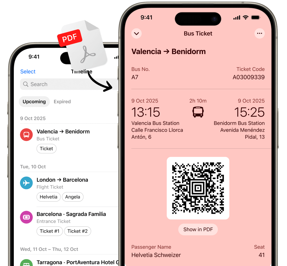 Two phones running Folio Wallet bus ticket scanner showing a ticket and a timeline
