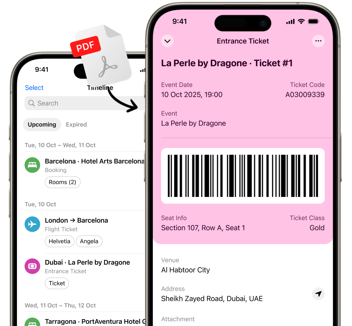 Two phones running Folio Wallet event ticket scanner showing a ticket and a timeline