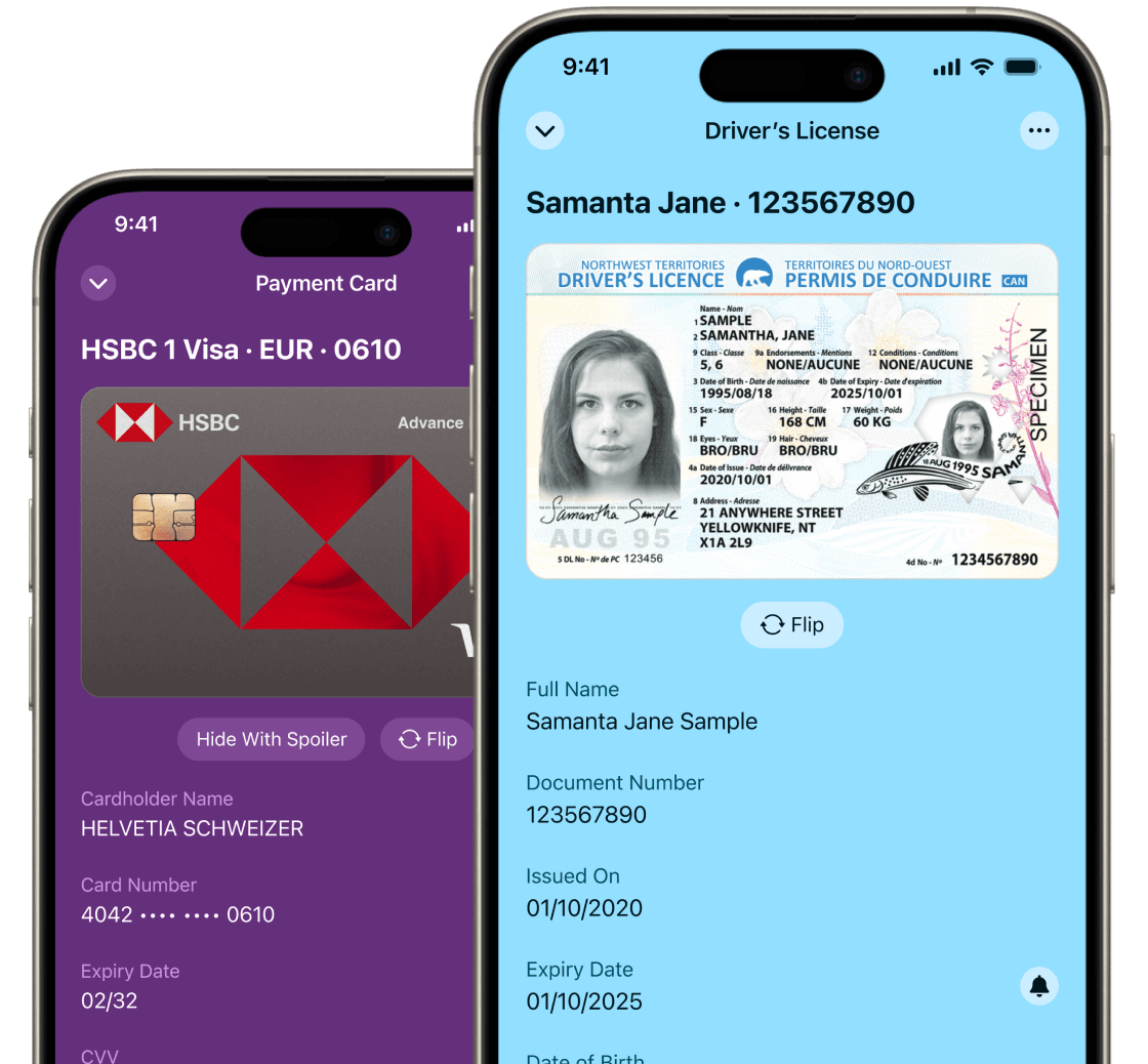 Folio Wallet Docs Screens Two smartphones displaying the Folio Wallet’s Docs screen and a scanned document