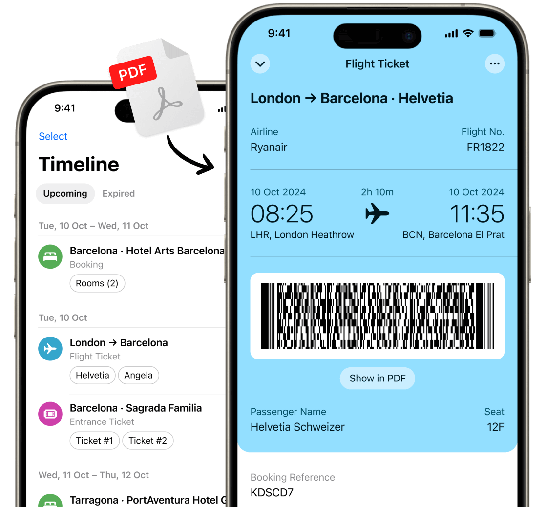 Two phones running Folio Wallet travel organizer showing flight tickets and a trip itinerary timeline