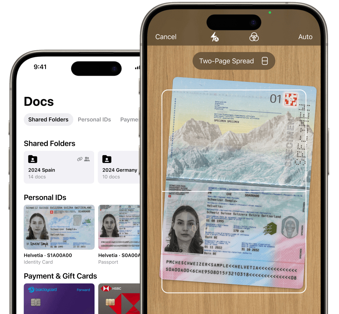 Two smartphones displaying the Folio Wallet Docs screen and a scanned ID document