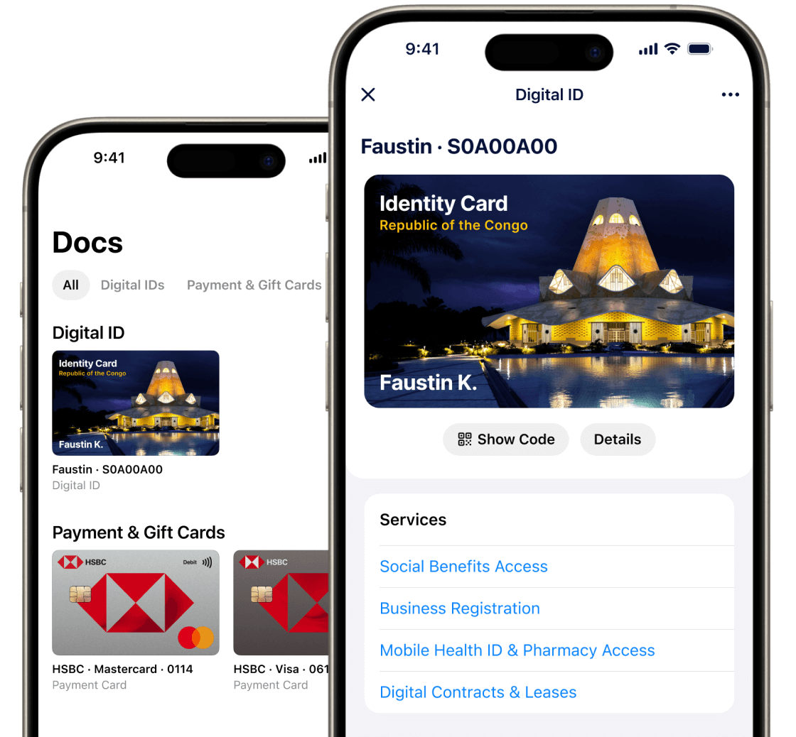 Folio Wallet Docs Screens Two smartphones displaying the Folio Wallet’s Docs screen and a scanned document