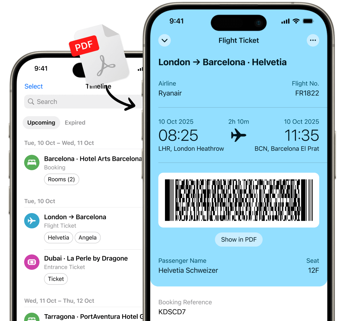 Two phones running Folio Wallet flight ticket scanner showing a ticket and a timeline