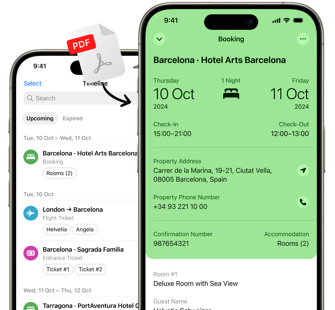 Two phones running Folio Wallet hotel bookings scanner showing a ticket and a timeline