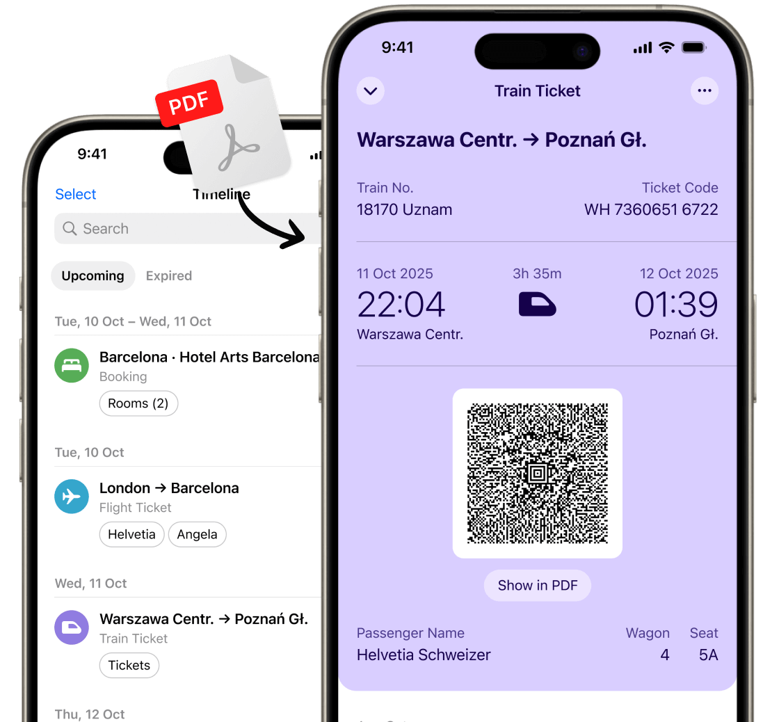 Two phones running Folio Wallet train ticket scanner showing a ticket and a timeline