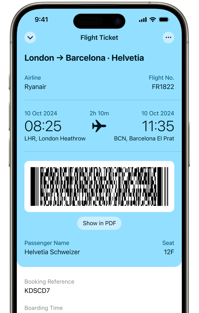 Folio Wallet boarding pass barcode ready for gate scanning