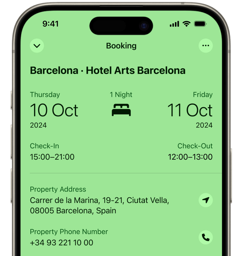 Hotel booking card inside Folio Wallet showing check-in dates, room number and contact info