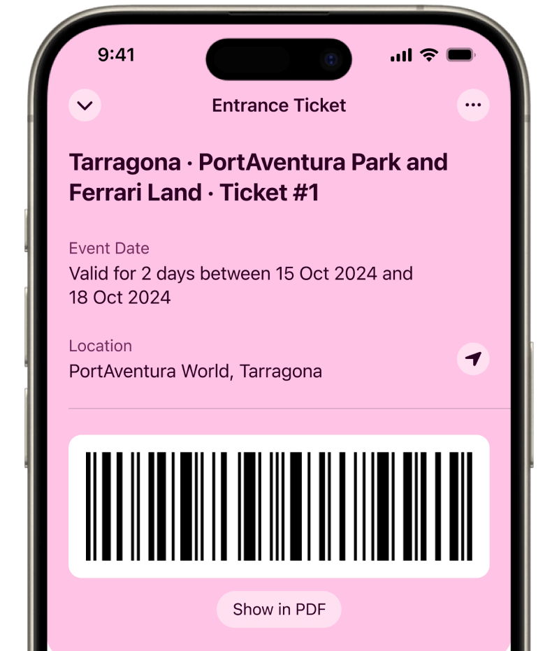 Event ticket QR code stored in Folio Wallet travel organizer