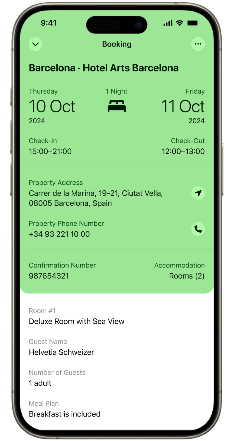 Hotel booking details inside Folio Wallet showing check-in time, room number and contact info