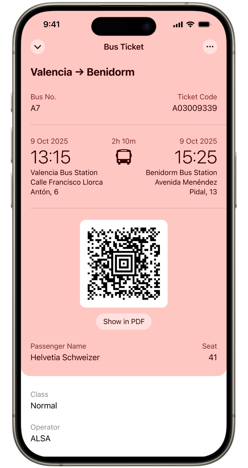 Bus ticket details inside Folio Wallet showing service number, departure and arrival stops, times, seat rows, and passenger names