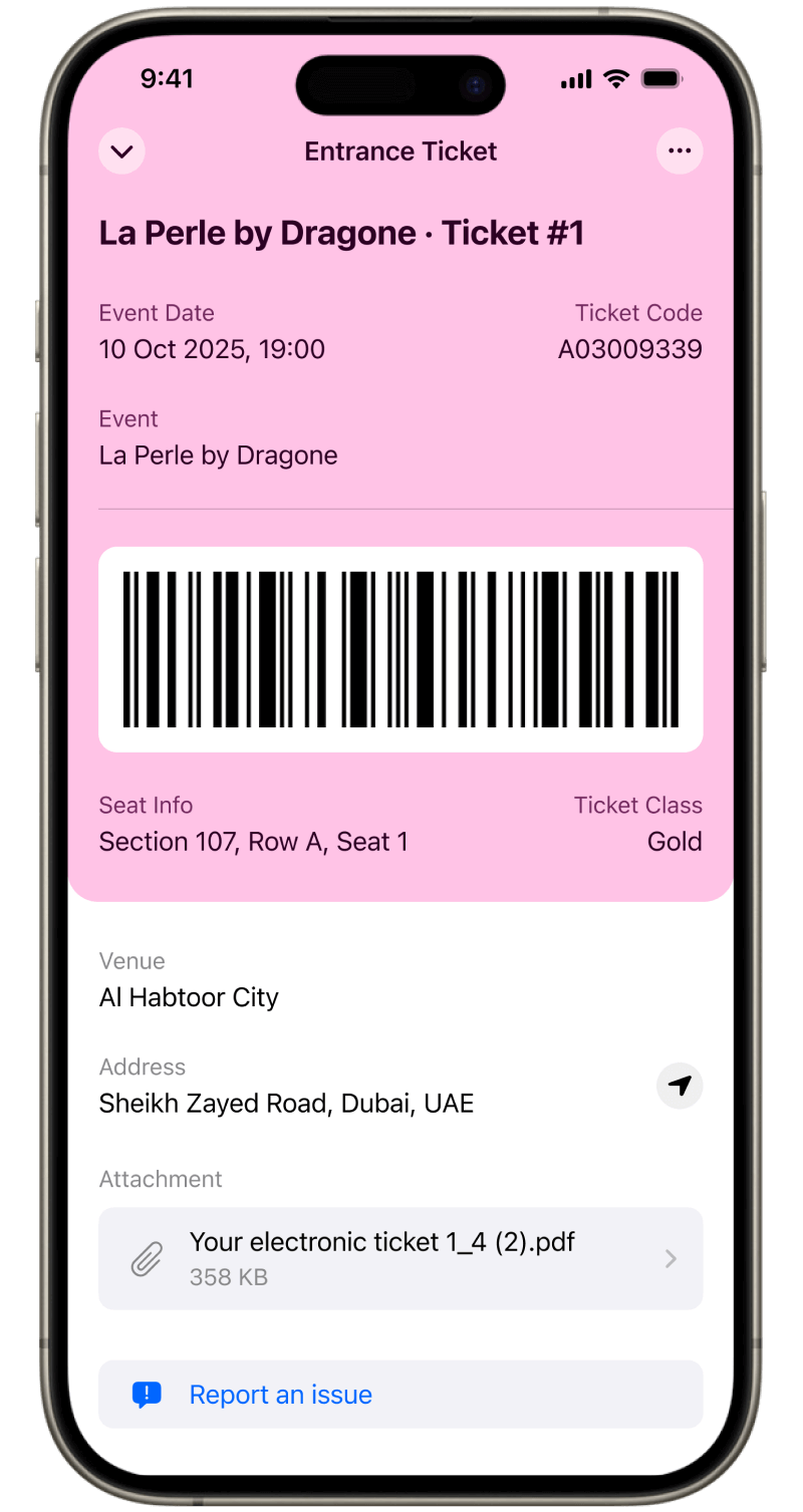 Event ticket details inside Folio Wallet showing QR code, event name, date, time, and location