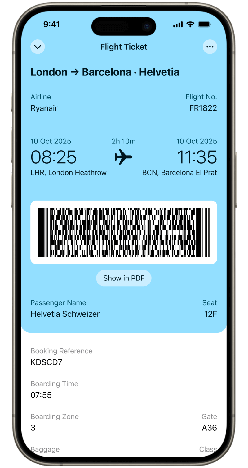 Flight ticket details inside Folio Wallet showing QR code, flight number, departure and arrival airports, times, gates, seats, and baggage limits