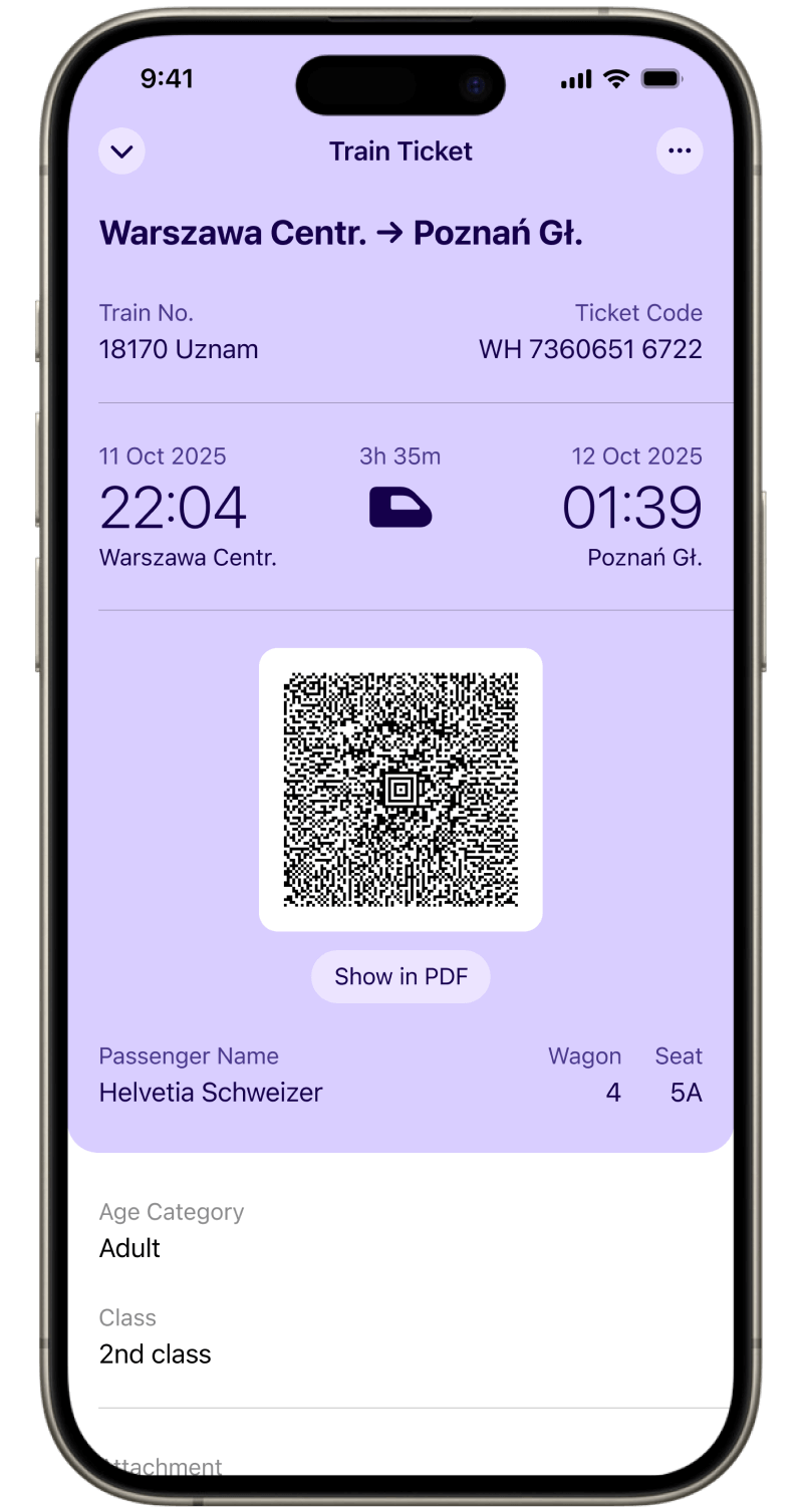 Train ticket details inside Folio Wallet showing QR code, train number, departure and arrival stations, times, seat and coach details, and passenger names