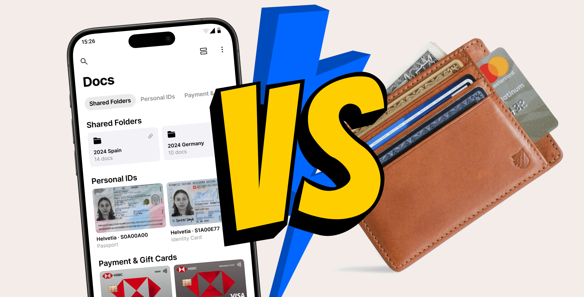 Physical wallet next to smartphone with wallet app
