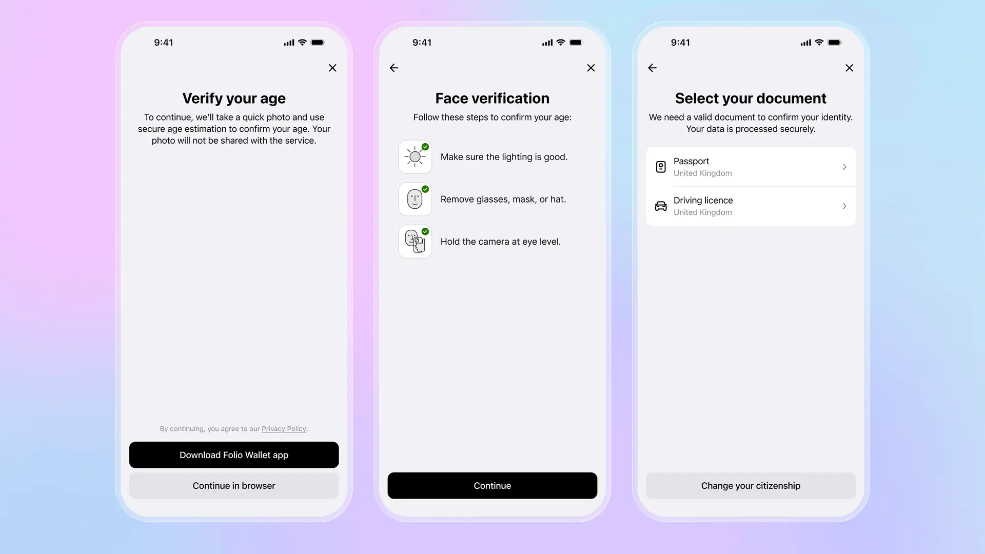 Flusso di verifica dell'età in Folio: schermata di verifica dell'età, verifica facciale con checklist e selezione del documento con opzioni per passaporto e patente di guida