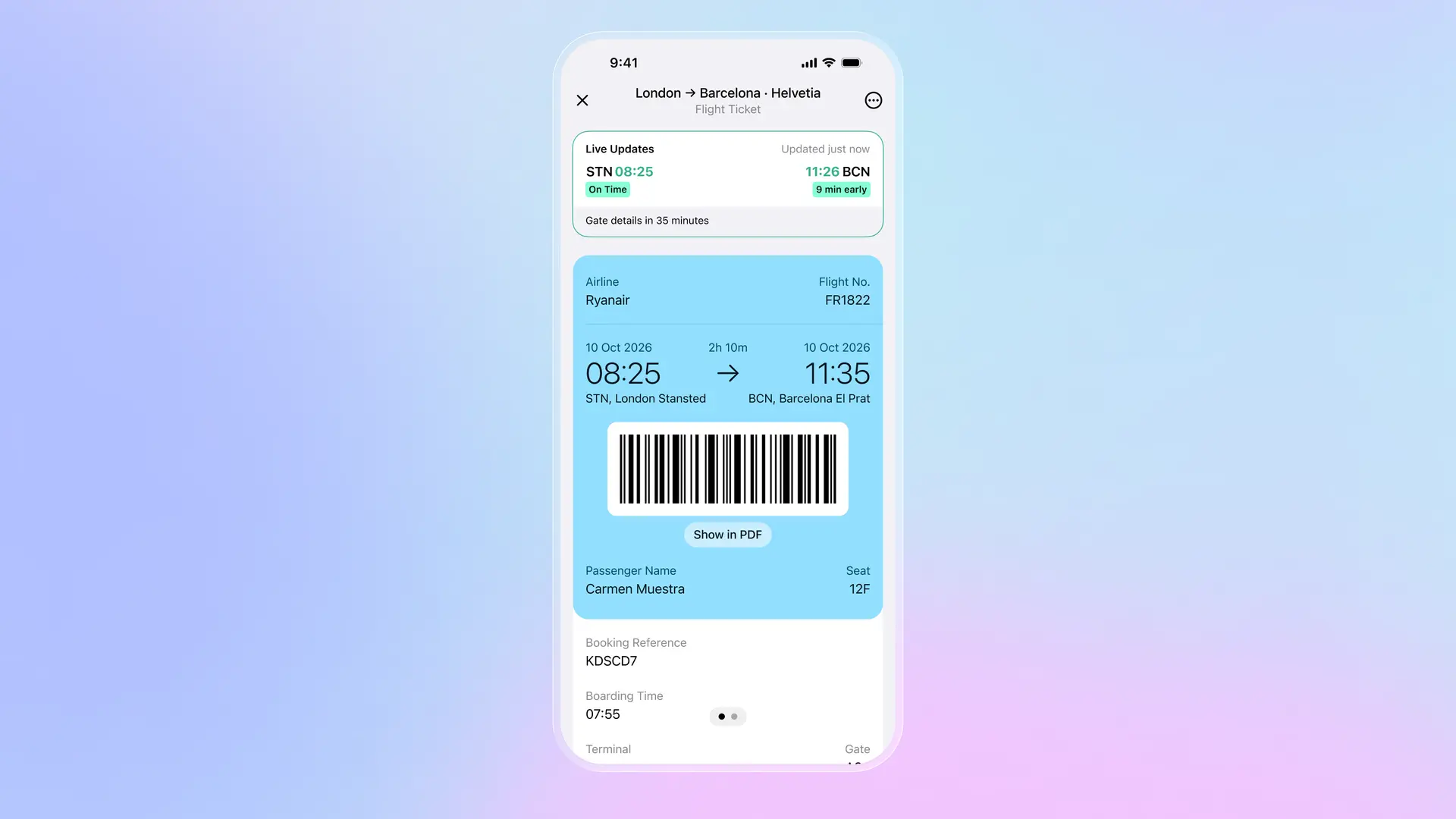 Folio flight ticket with live updates showing real-time departure and arrival times, gate information, and status