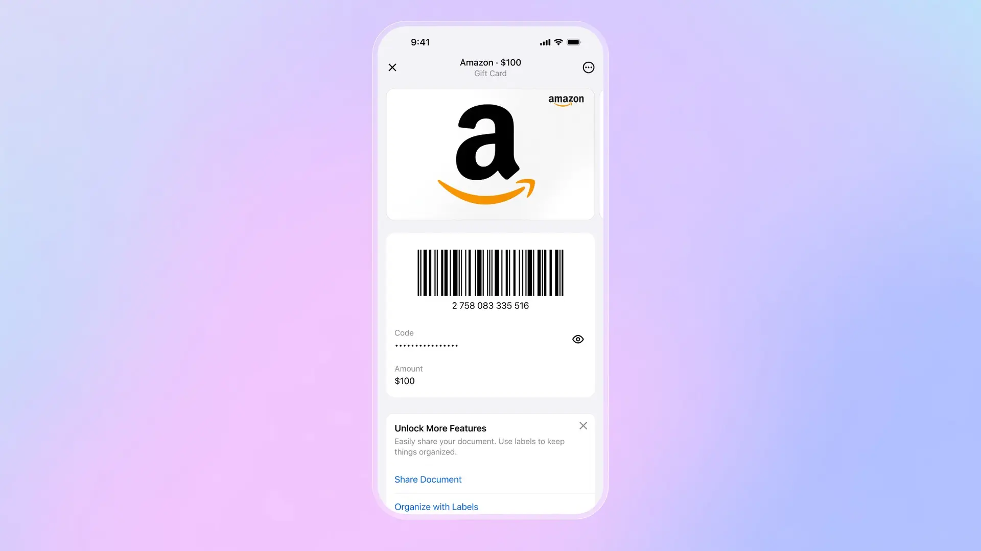 Folio app showing gift card with barcode, hidden PIN code, balance tracking, and options to share or organize
