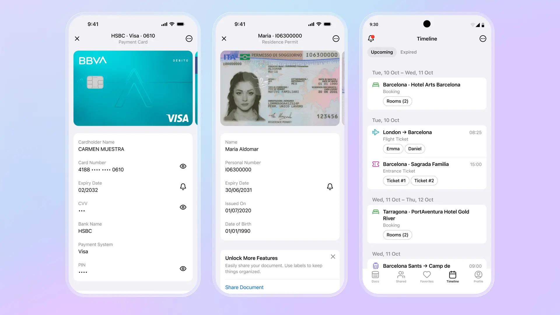 Aplicación Folio mostrando tarjeta de pago BBVA con detalles, permiso de residencia italiano con datos extraídos y línea de tiempo de viaje con reservas de hotel en Barcelona y billetes de avión