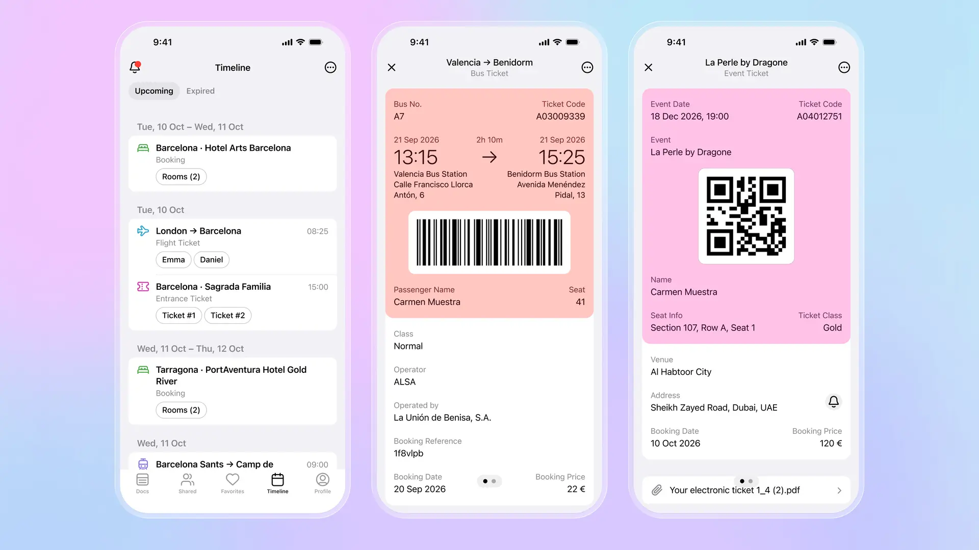 Folio app showing trip timeline, bus ticket with barcode, and event ticket with QR code