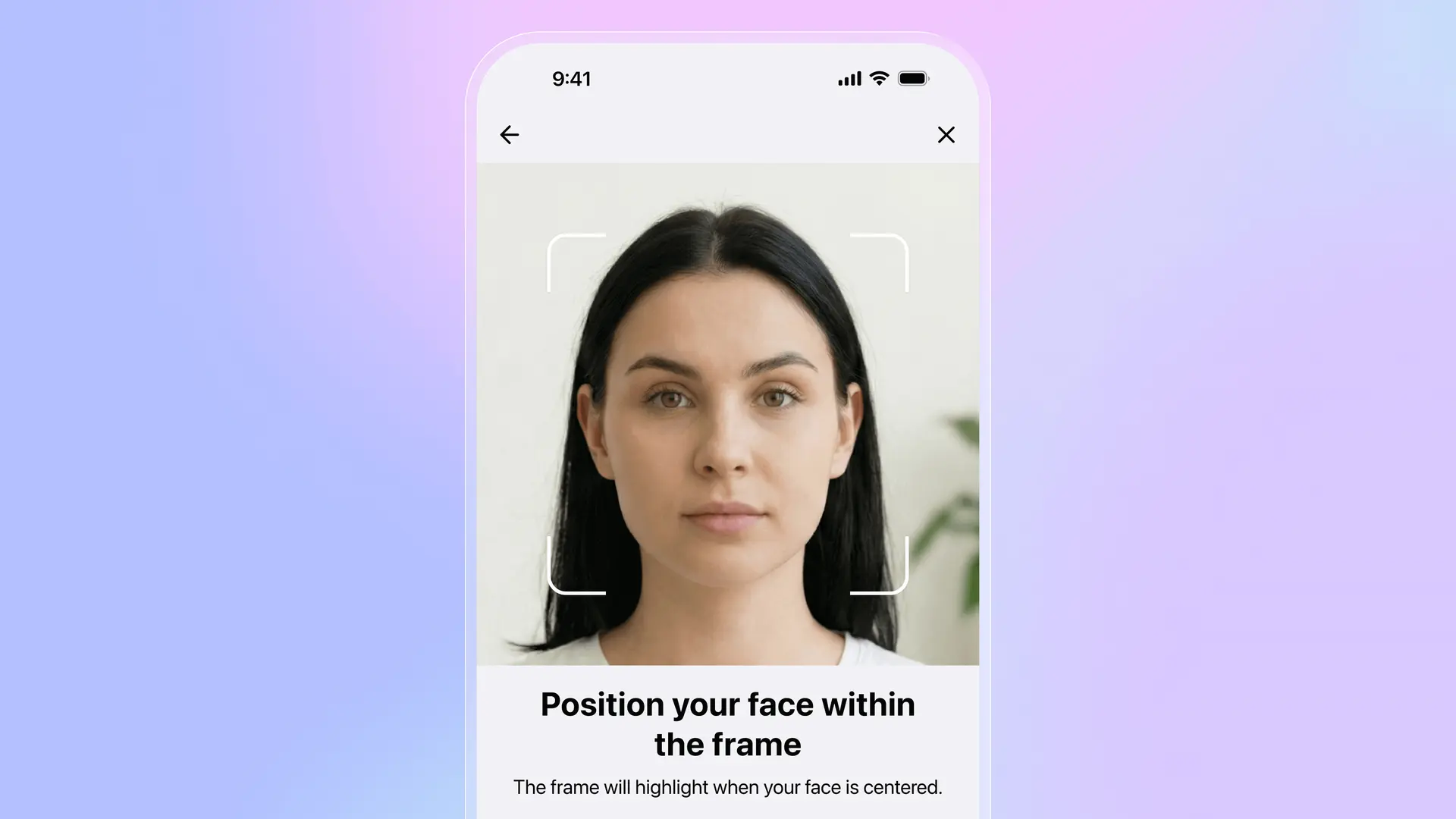 Identity verification selfie screen: Position your face within the frame
