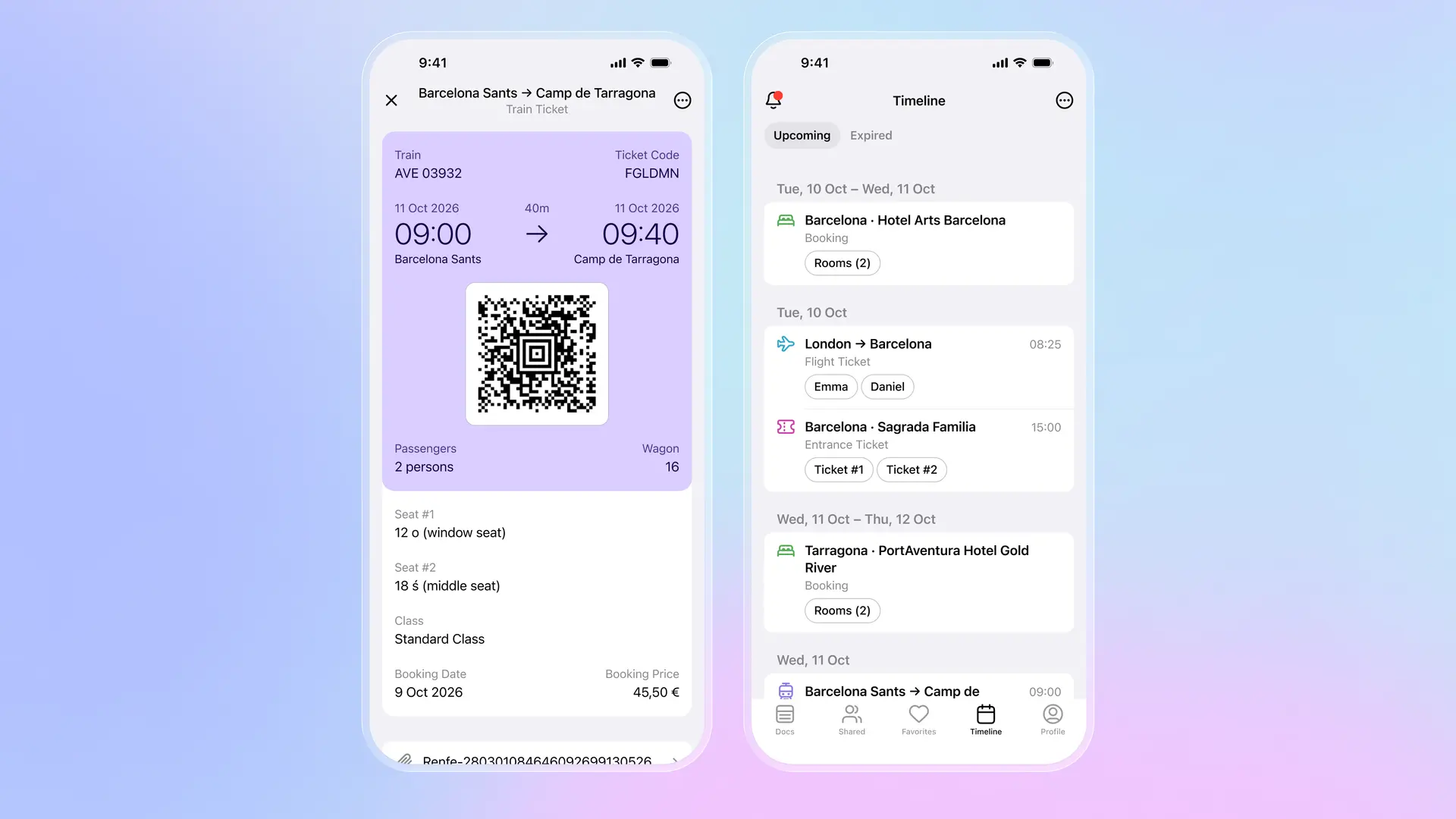 L'app Folio mostra un biglietto del treno Renfe da Barcellona Sants a Camp de Tarragona con QR code e dettagli del posto, insieme alla cronologia del viaggio con prenotazioni alberghiere, voli e biglietti d'ingresso per la Sagrada Familia