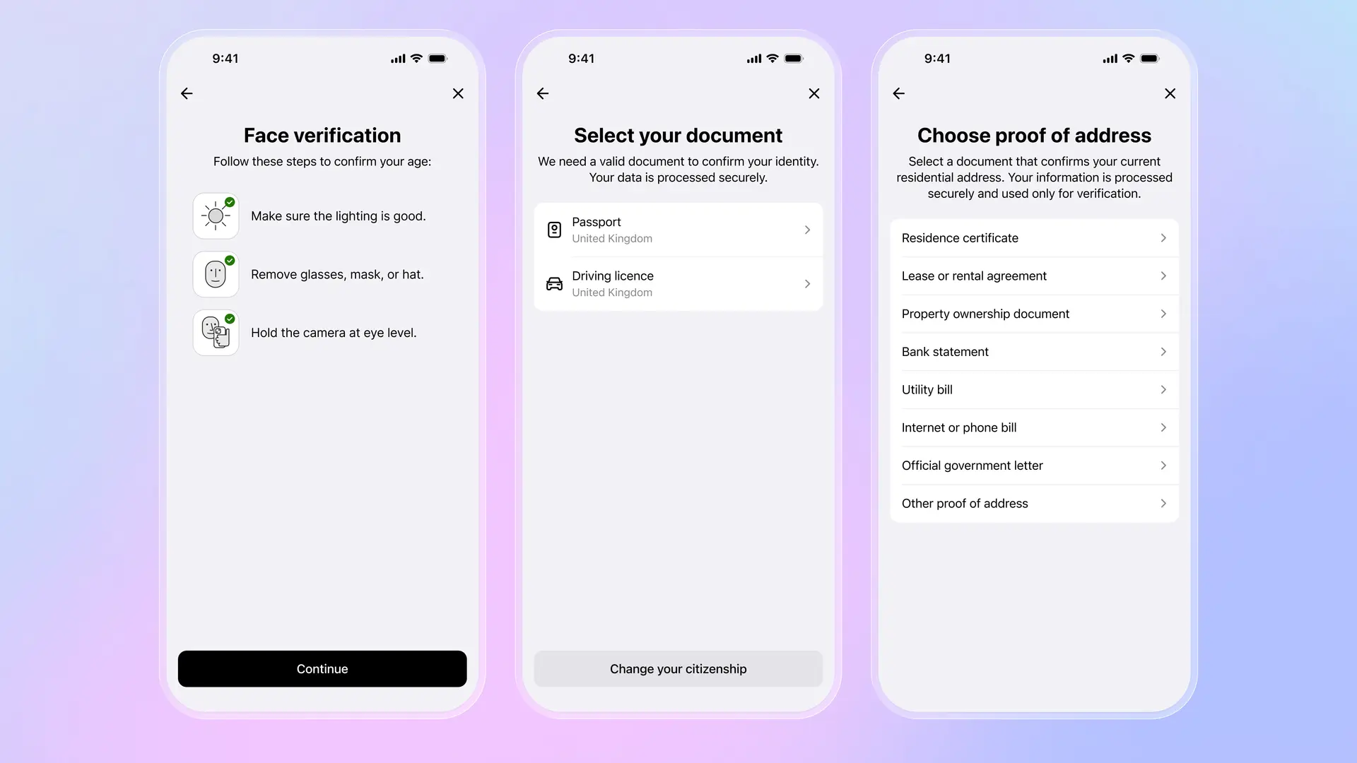 Flujo moderno de incorporación digital: verificación facial con guía, pantalla de selección de documentos y opciones de prueba de dirección