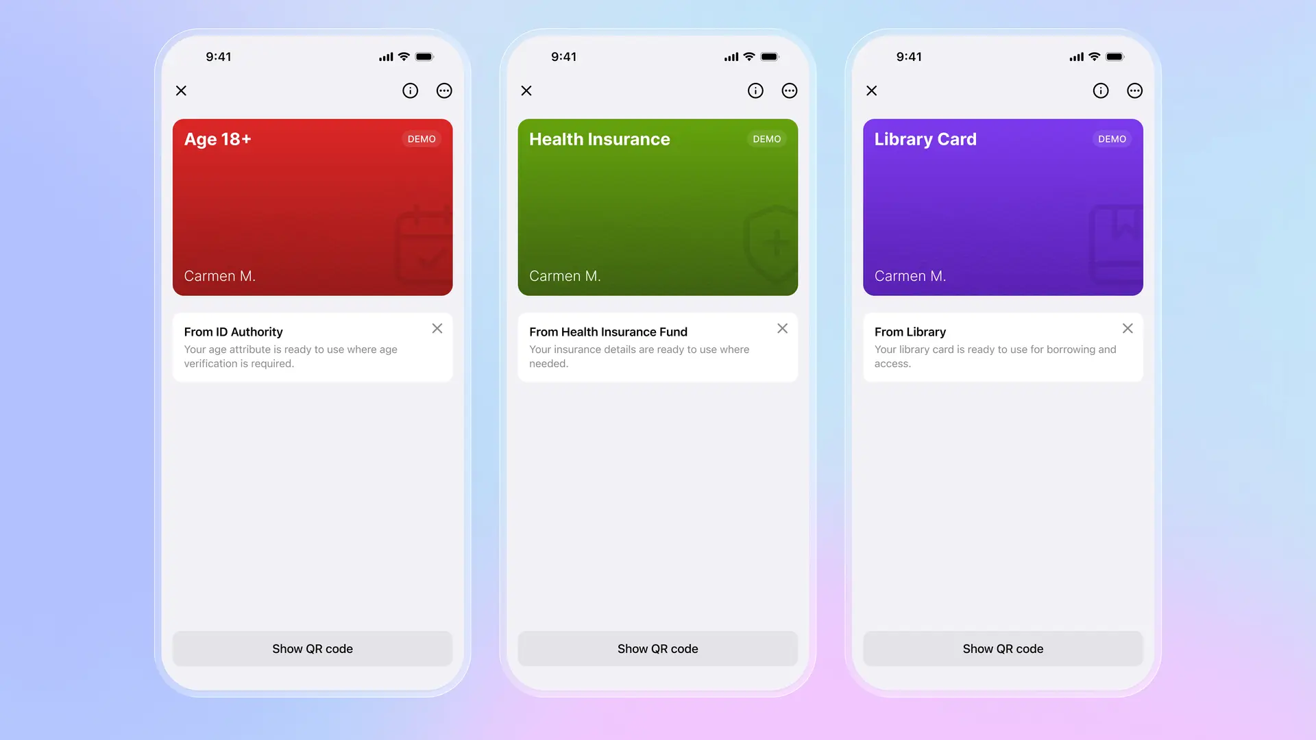 Credenciales digitales en la billetera Folio: tarjeta de verificación de edad +18, tarjeta de seguro médico y tarjeta de biblioteca con opciones de visualización de código QR