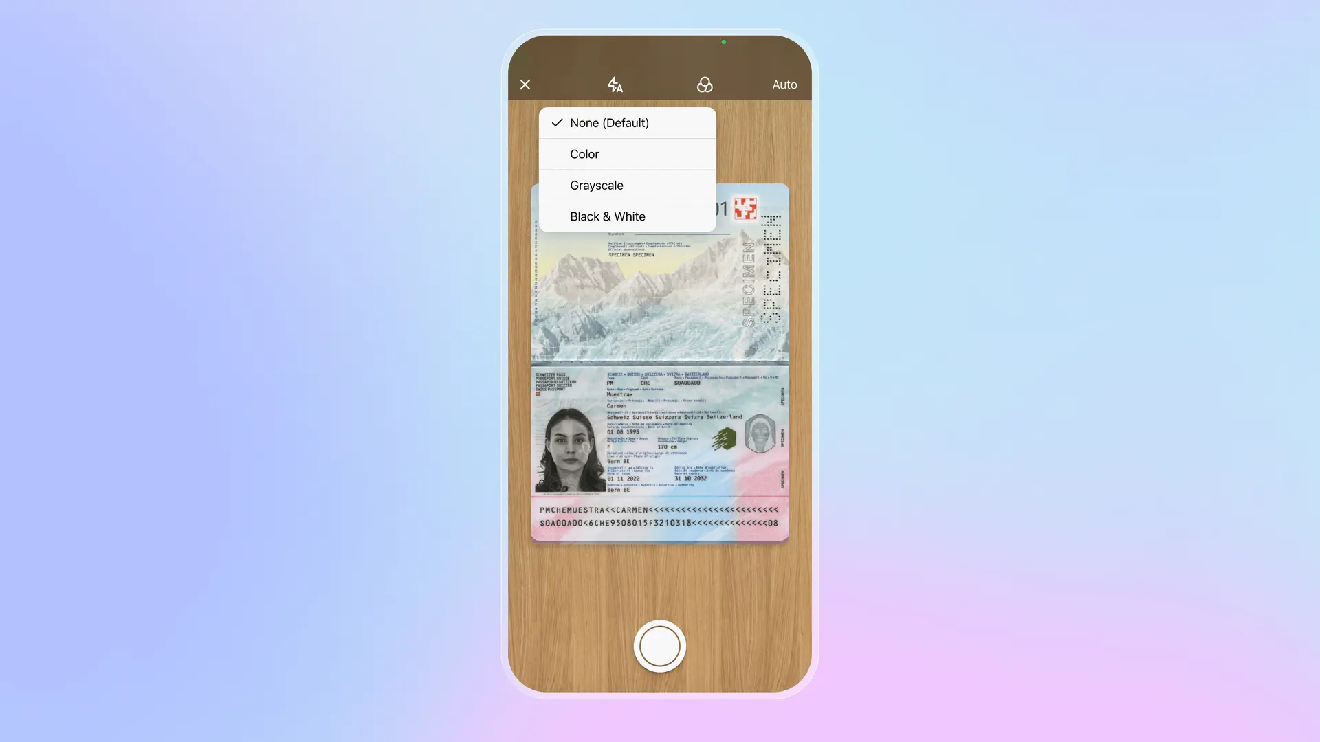 Folio app passport scanning screen showing Swiss passport with guidance text: Scan photo page of your passport. Use a well-lit area and a plain dark background.