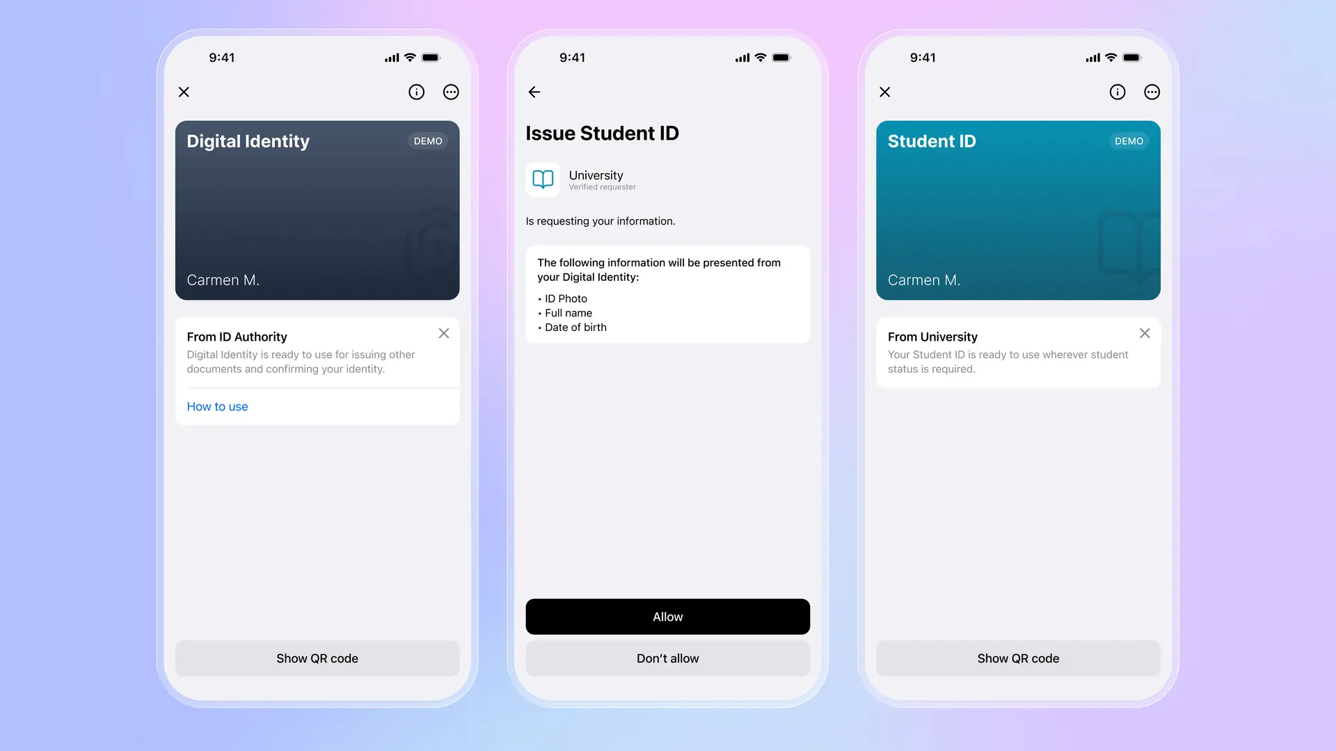 Come funziona l'EUDI Wallet: Credenziale d'Identità Digitale, università che richiede informazioni per il rilascio del tesserino universitario e tesserino universitario rilasciato