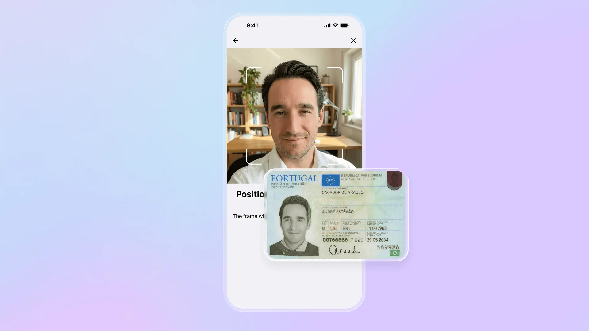 Verifica tramite face matching che mostra una schermata di acquisizione selfie con il volto di una persona e la sua carta d'identità portoghese per il confronto