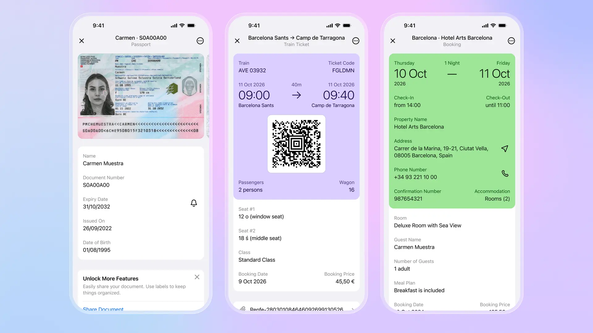 Folio app screens showing passport details, train ticket with QR code, and hotel booking information