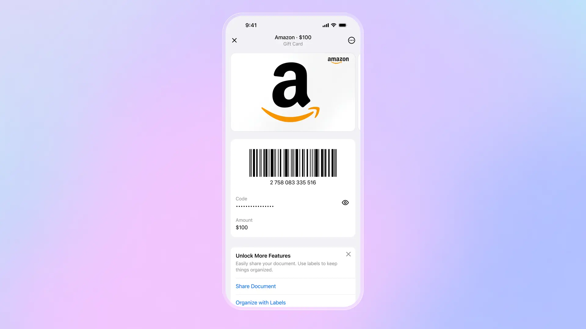 Aplicación Folio mostrando tarjeta de regalo de Amazon con código de barras, código oculto, saldo de $100 y opciones para compartir u organizar con etiquetas