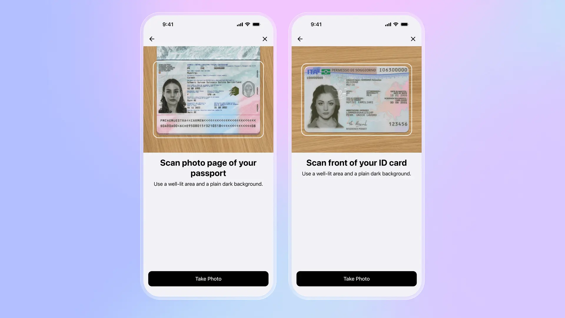 L'app Folio scansiona la pagina della foto del passaporto e la carta d'identità con rilevamento automatico dei bordi e istruzioni chiare