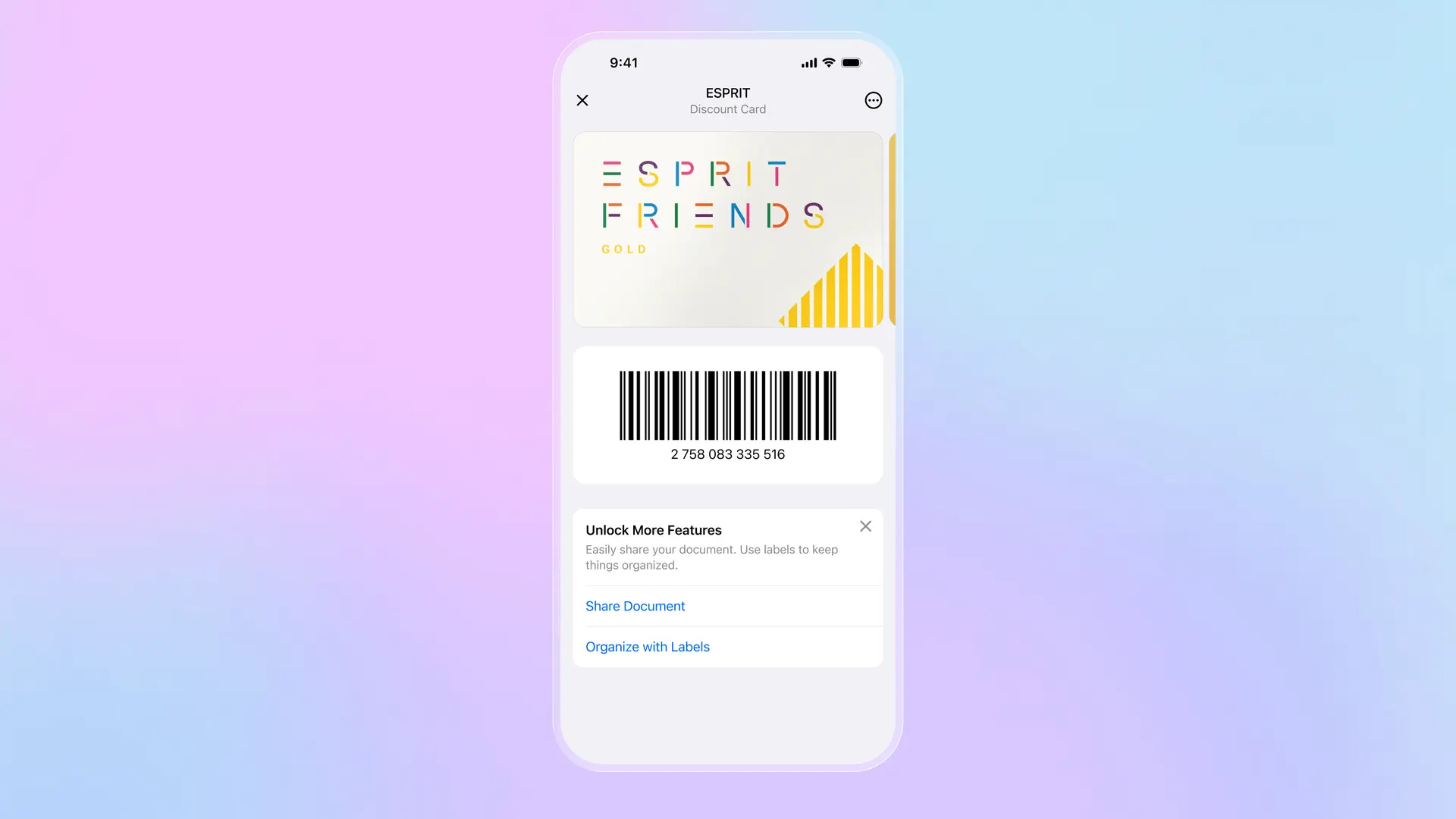 App Folio che mostra una tessera memorizzata con codice a barre pronta per la scansione alla cassa