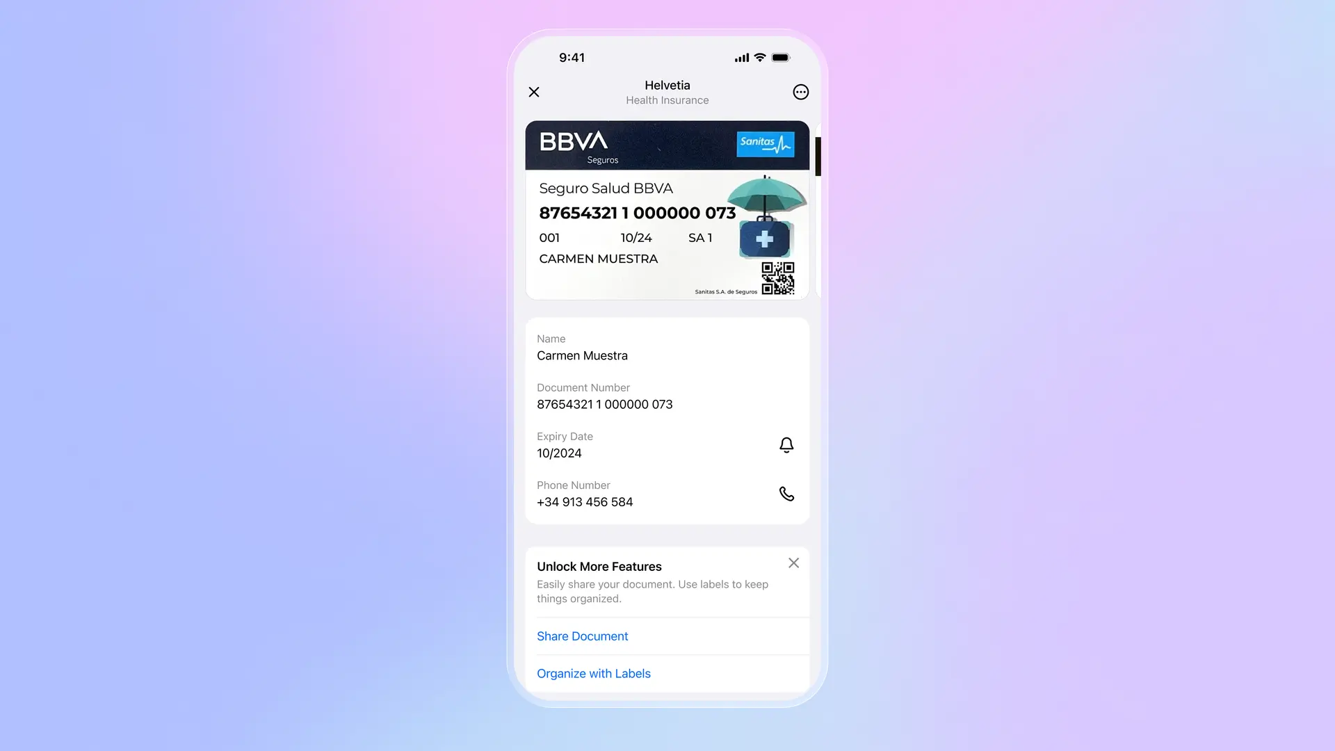 Digital wallet app showing stored medical card and health insurance