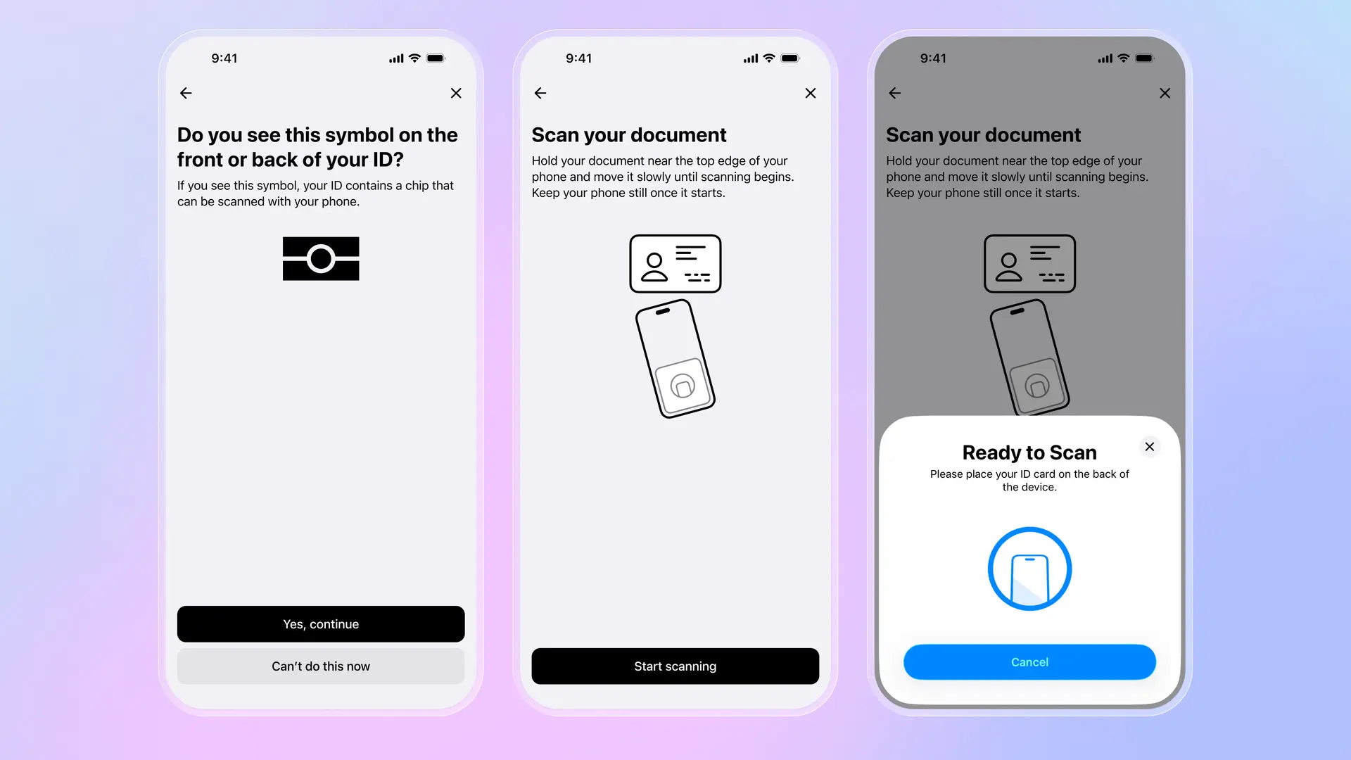 Processo di scansione dell'identità NFC mostrato su tre schermi mobili: verifica del simbolo del chip NFC, istruzioni per la scansione del documento e avviso pronto per la scansione