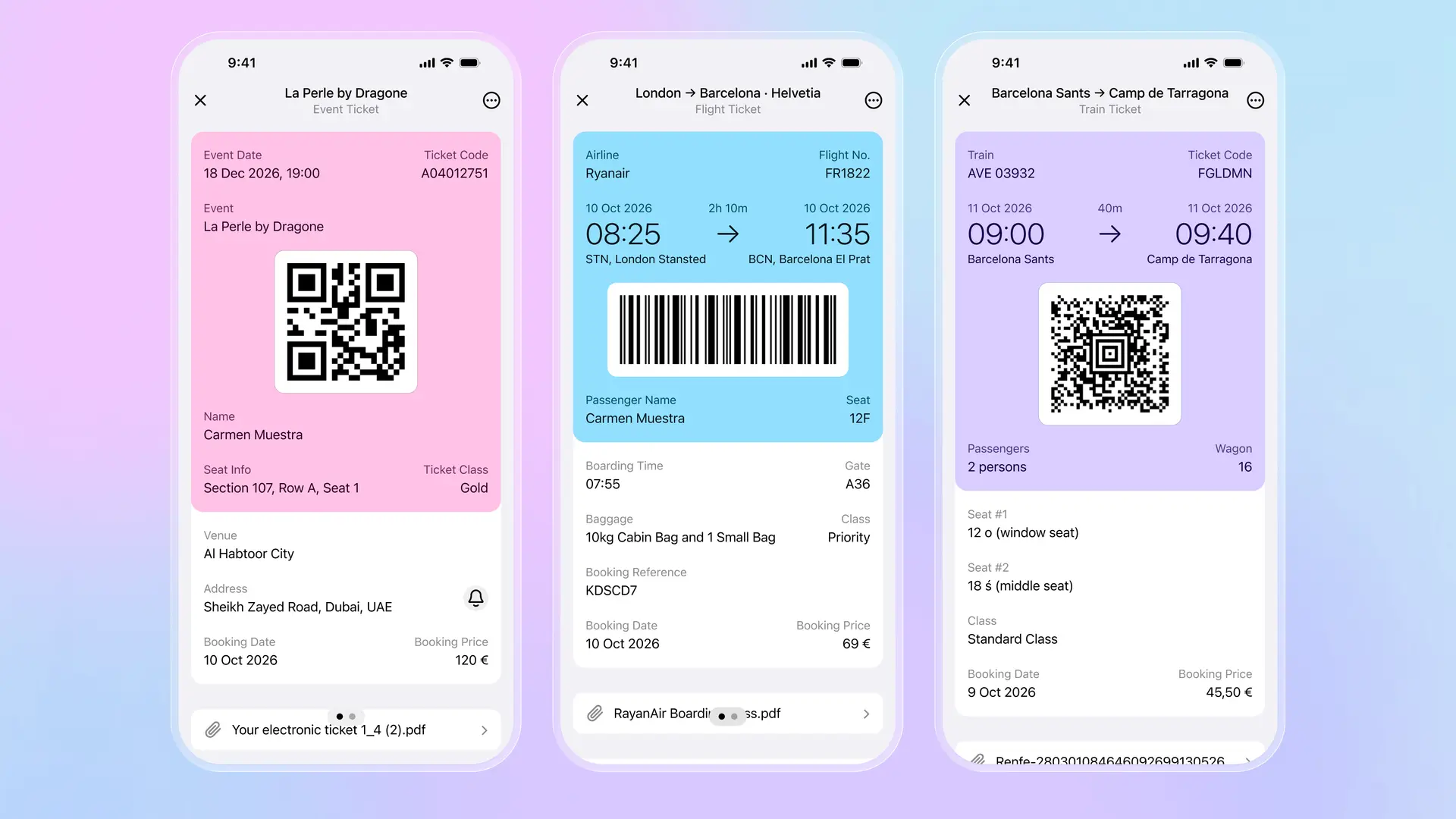 Folio Wallet showing event ticket with QR code, Ryanair flight ticket with barcode, and Renfe train ticket with seat details