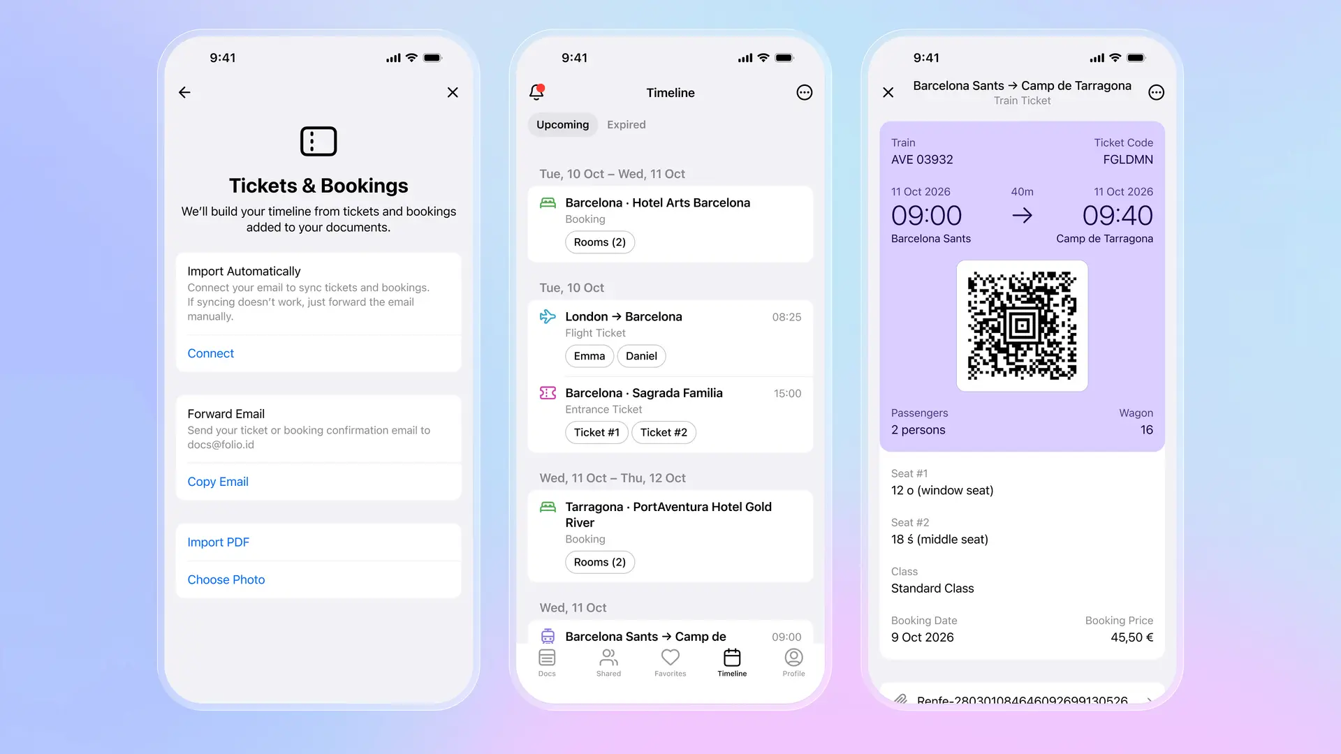 Folio app showing import options, shared trip timeline with hotel, flights, and activities, and train ticket details for two passengers