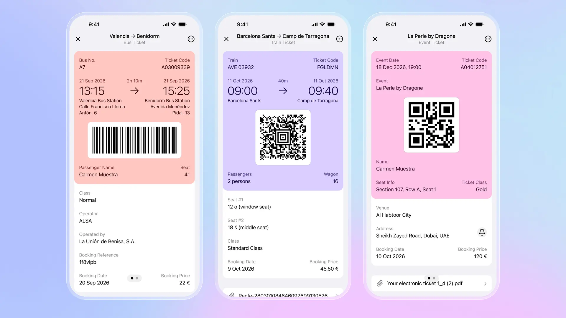 L'app Folio mostra tre biglietti: autobus ALSA da Valencia a Benidorm con codice a barre, treno Renfe da Barcellona a Tarragona con codice QR per 2 passeggeri e biglietto per l'evento La Perle a Dubai con info sul posto e codice QR